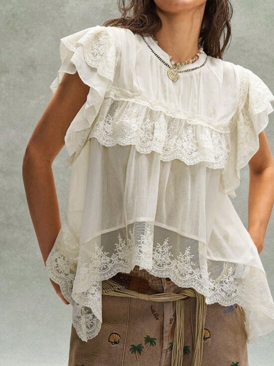Tops - Apricot Boho Women's Embroidered Ruffled Lace Patchwork Blouse